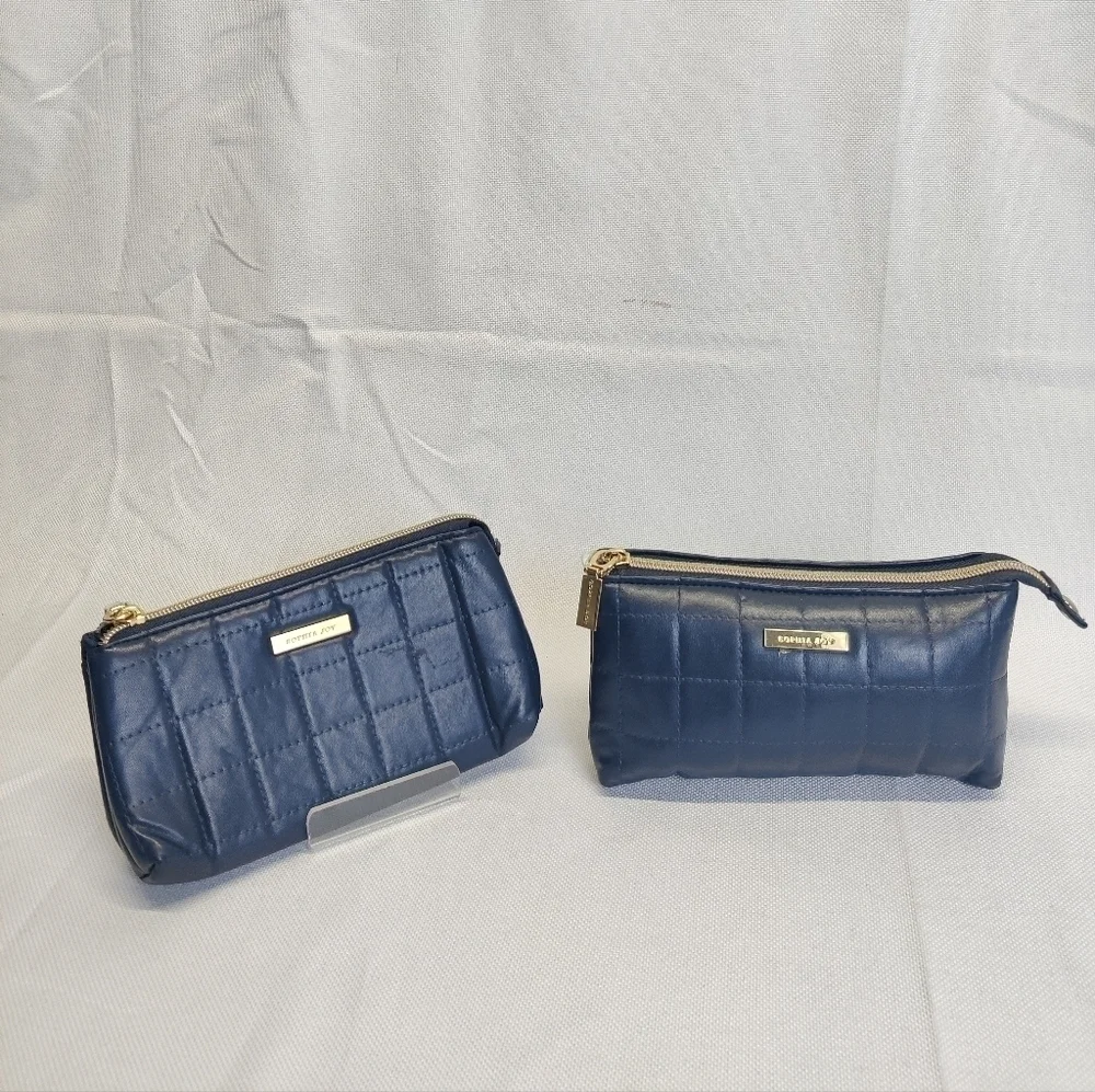 Two New Sophia Joy Makeup Bags Soft Quilted Navy Blue Faux Leather Zippers 4x7